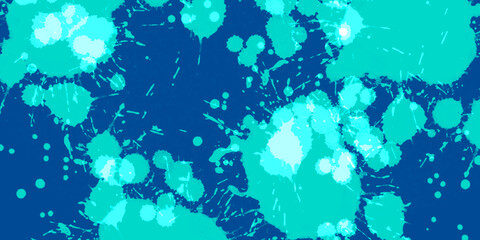 background features numerous irregular light blue and teal paint splatters, creating a vibrant and textured surface that contrasts dynamically against a dark blue base.