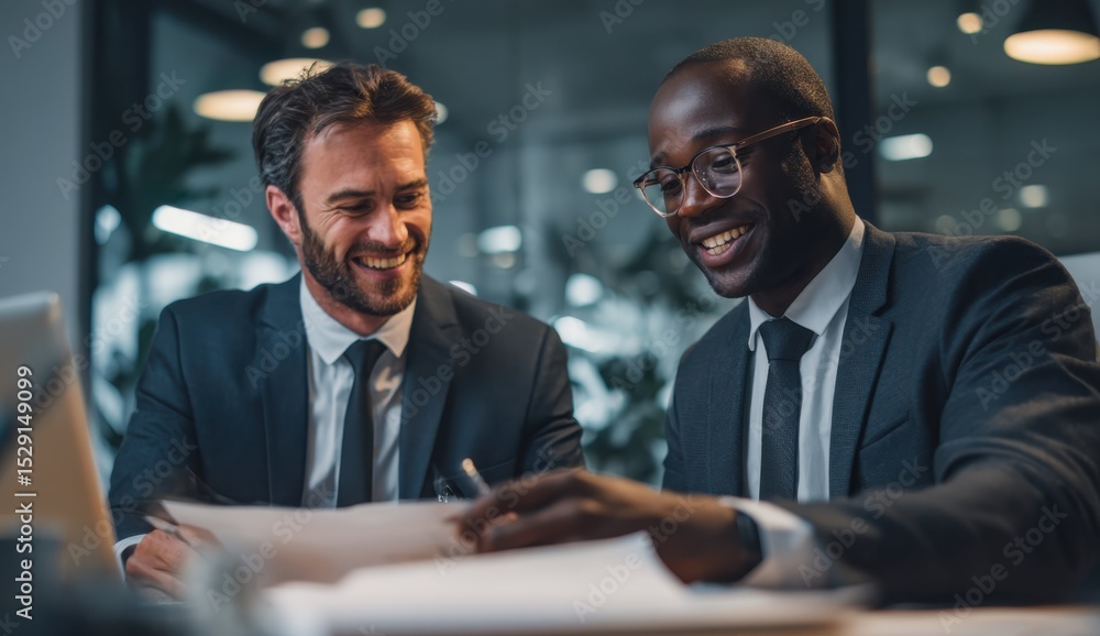 Poster two smiling businessmen reviewing documents in office, representing collaboration and corporate stra