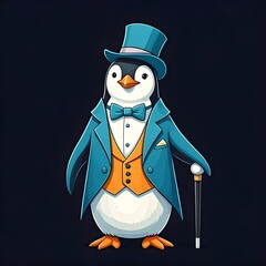 Vector picture with a penguin in a blue tuxedo and a top hat with a cane.