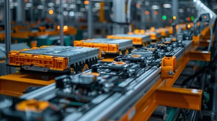 Fototapeta premium A detailed view of a modern factory's conveyor belt showcasing the precision and innovation behind battery cell production, highlighting technological advancement in manufacturing.