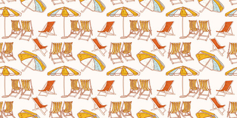 Beach furniture. Sunbeds, striped umbrellas and chairs on the seashore wallpaper. Summer resort white seamless pattern. Happy seaside vacation