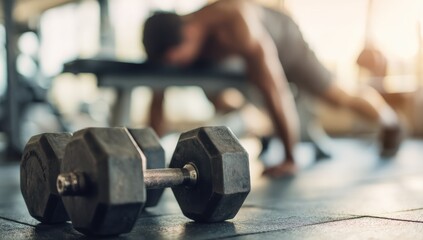 Dumbbells on Gym Floor With Man Doing Push-Ups in Background, Representing Strength Training and Fitness Motivation : Generative AI