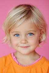 Portrait of a Smiling Blonde Girl With Blue Eyes Against Pink Backdrop, Representing Childhood Innocence and Educational Resources : Generative AI