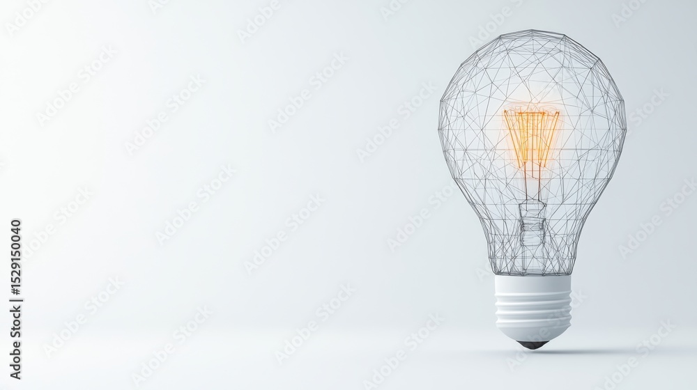 Poster wireframe lightbulb concept with glowing filament on plain background