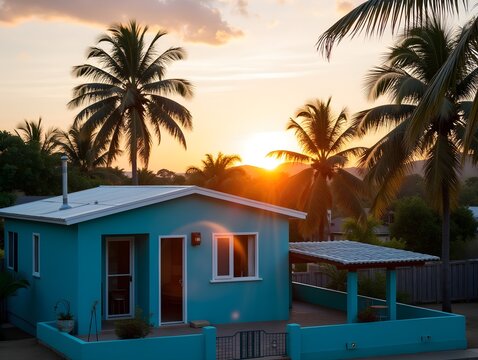 a blue house with palm trees and a sunset in the background.