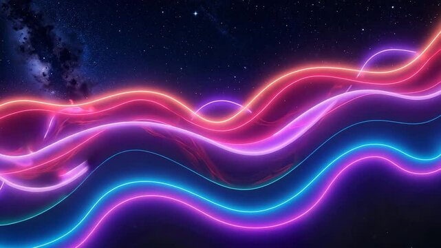 Vibrant neon wave lines against a dark cosmic background   - Powered by Adobe