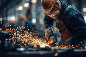 Dedicated worker in overalls and helmet working with an angle grinder at a factory, producing metal parts for the automotive industry.