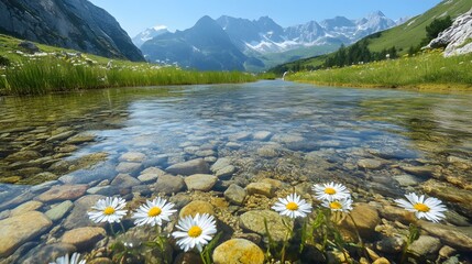 Beautiful alpine lake with wild daisies and reflection of a snow-covered mountain peak under a clear blue sky