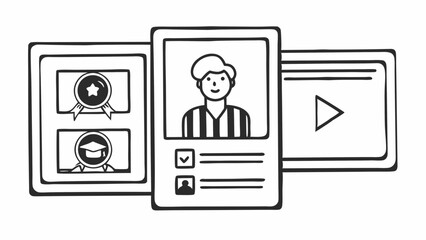 Fototapeta premium Hand-Drawn Online Learning and Gamification Concept: User Profile, Achievements, and Video Content
