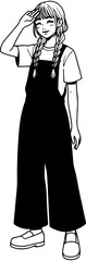 Beautiful young girl smiling with braided pigtails, wearing overalls and T-shirt, line art drawing. vector illustration
