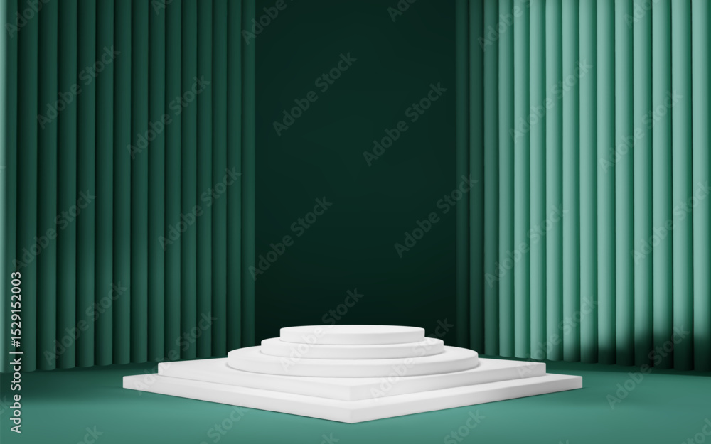 Poster 3d green room background with white podium and column. product display with platform. abstract geome