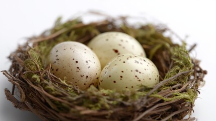 Obraz premium Bird nest with eggs close-up isolated on white