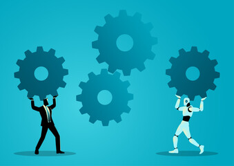 Businessman and a robot lifting large gears to complete a system, symbolizing collaboration, process optimization, business integration, and automation in business.
