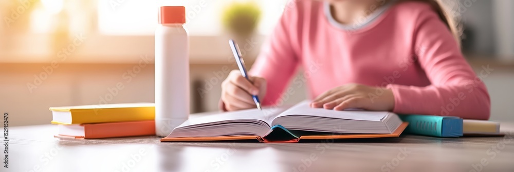 Poster schoolgirl sitting at a table, focusing on homework while writing in a notebook. colorful books and 