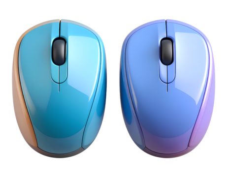 Pair of Rounded Computer Mice with Glossy Finish in 3D Cartoon Plastic Style, isolated on transparent background
