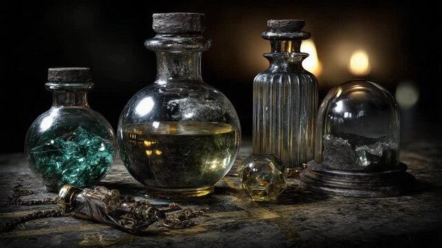 Various antique glass bottles filled with mysterious liquids and substances depict the historic attempts to combat the bubonic plague