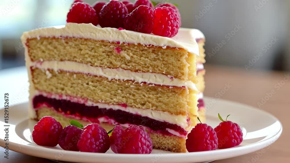 Poster delicious white frosted layer cake with raspberry filling and fresh raspberries on top served on a p