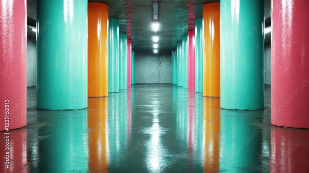 Aufkleber this vibrant abstract photograph features colorful cylindrical pillars in an urban setting, reflecti