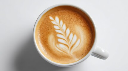 Coffee cup with latte art on white background