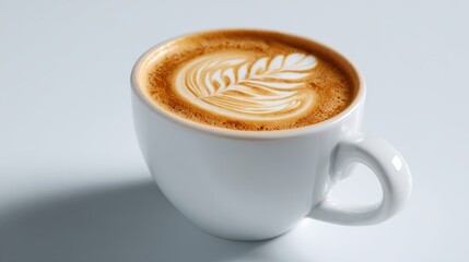 Coffee cup with latte art on white background
