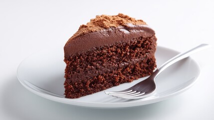 Chocolate cake slice on white plate isolated on white