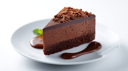 Chocolate cake slice on white plate isolated on white