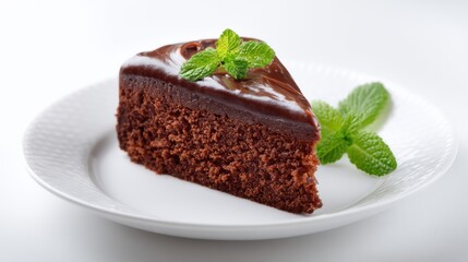Chocolate cake slice on white plate isolated on white