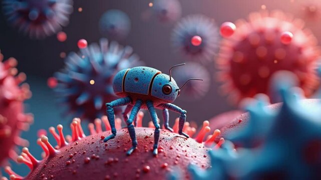 Micro robot bug crawling over virus particles &mdash; futuristic medical nanotechnology concept