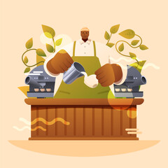 cartoon barista preparing coffee drink in coffee shop, vector illustration