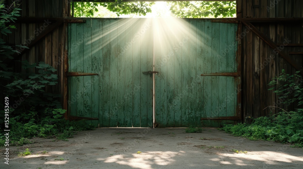 Aufkleber a captivating view of rustic green wooden gates with sunlight streaming through, inviting exploratio