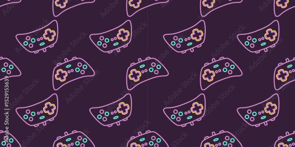 Fototapete vector neon glow game controller gamepad seamless pattern. colored outline joystick element flat sty