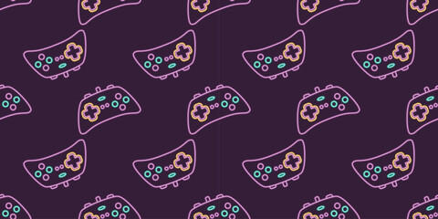 Vector neon glow game controller gamepad seamless pattern. Colored outline joystick element flat style on night dark background. Gamer device background