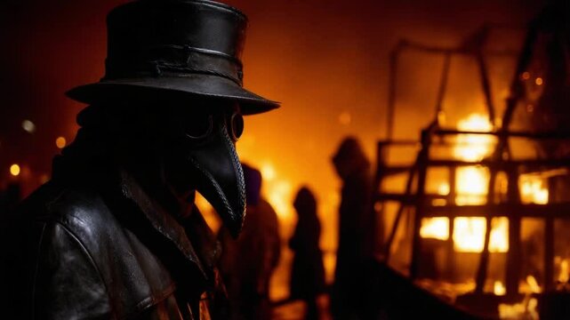 A mysterious figure in traditional plague doctor attire observes the chaos as flames illuminate the night during a historical reenactment focused on the bubonic plague, highlighting its impact