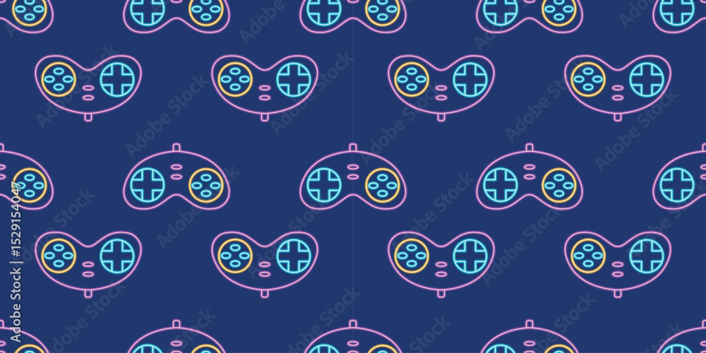 Fototapete vector neon glow game controller gamepad seamless pattern. colored outline joystick element flat sty