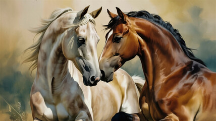 A detailed digital painting of two horses in an intimate pose against a soft, muted background.