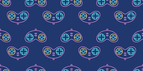 Vector neon glow game controller gamepad seamless pattern. Colored outline joystick element flat style on night dark background. Gamer device background