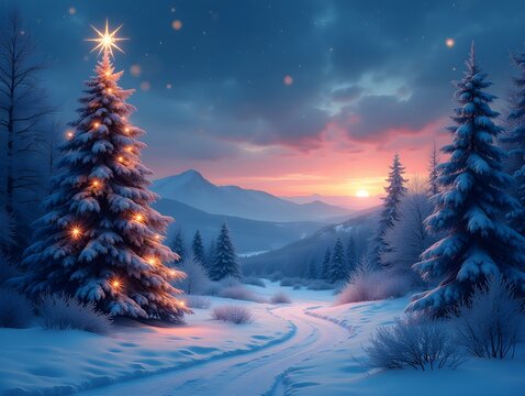 Christmas landscape. fabulous evening winter scenery. digital illustration
