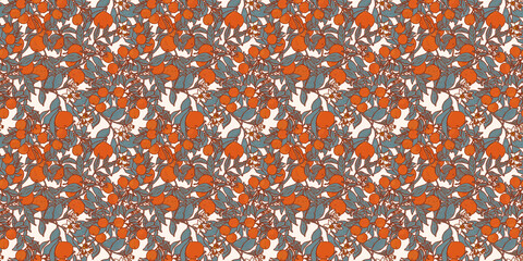 Moroccan fruit seamless pattern. Summer orange citrus wallpaper. Tangerine tree foliage on white provence backdrop