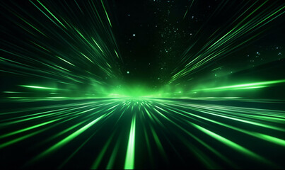 3D green particles passing through black space. Rays of energy flowing at the speed of light.