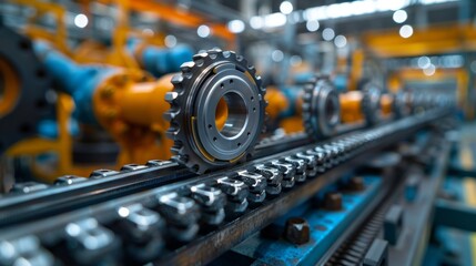 Fototapeta premium This image showcases a detailed view of precision-engineered gears and chains in a modern manufacturing facility, highlighting efficient machinery assembly work.
