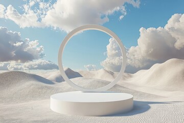 3D rendering of white podium with circular frame on sandy desert background with clouds, minimalist abstract product display mockup