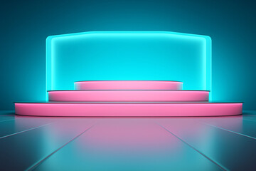 Beautiful colorful podium with neon colorful soft lights in turquoise and pink. Empty interior for presentation.