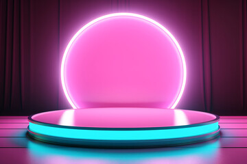 Beautiful colorful podium with neon colorful soft lights in turquoise and pink. Empty interior for presentation.