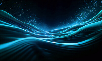 Abstract geometric blue waves rolling in infinite free space on black background. Current of voltage and energy.