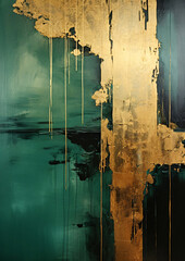 Abstract painting depicting gold and dark green paint flowing down a wooden wall.