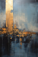 Abstract painting depicting gold and dark gray paint flowing down a wooden wall.