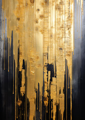 Abstract painting depicting gold and dark gray paint flowing down a wooden wall.