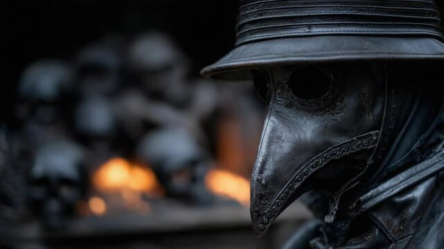 Historical reenactors highlight the posture and attire of plague doctors while discussing the bubonic plague's effects on communities in Europe during the Middle Ages