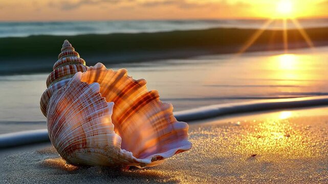 Beautiful seashell resting on a sandy beach at sunrise with gentle waves, Large seashell on sandy beach at sunrise with gentle waves in background