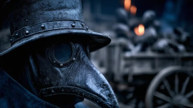 Plague doctors wearing iconic masks navigate through a grim landscape, symbolizing the fear and devastation caused by the bubonic plague in medieval Europe, amid chaos and suffering